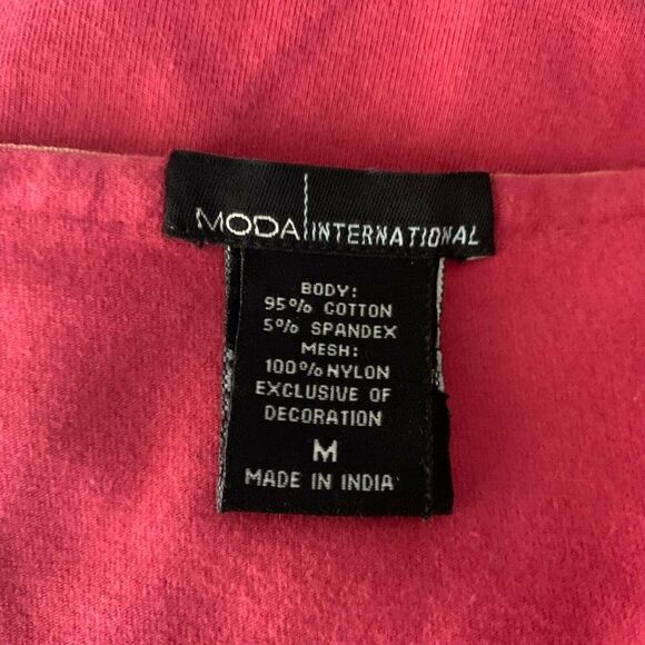 Moda International Beaded Knit Top M Pink 3/4 Sleeve V Neck Stretch Velvet Trim - Picture 7 of 7